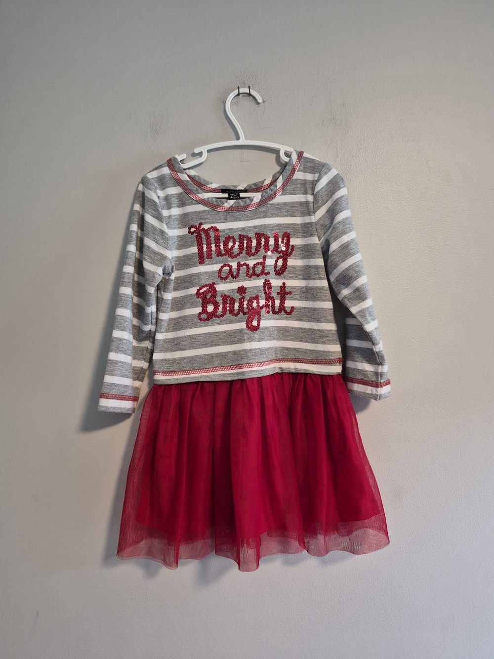 Zunie 4t Grey Striped Long Sleeve W Red 'Merry and Bright' Glitter Tulle Dress
